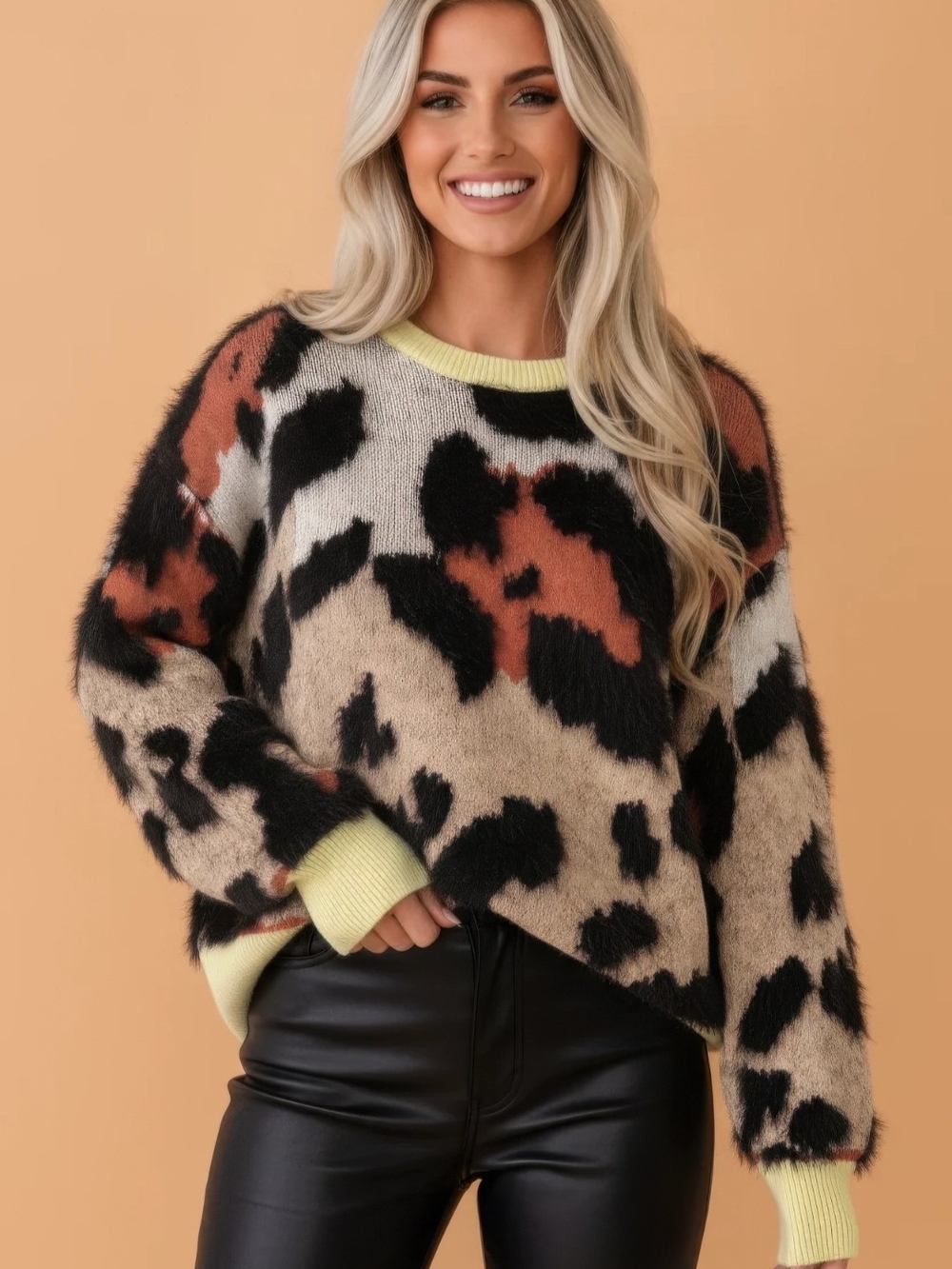 Cozy Animal Print Pullover Sweater in Beige, Black & Rust